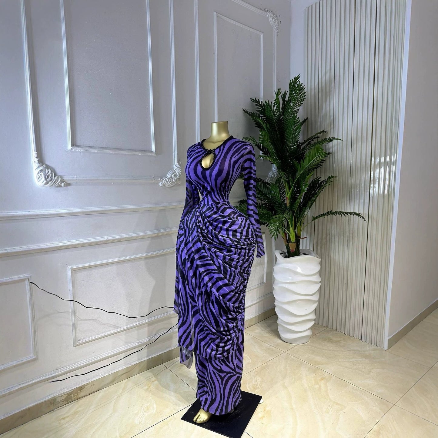 Striped Ribbon Ruched Long Sleeve Bodycon Maxi Dress