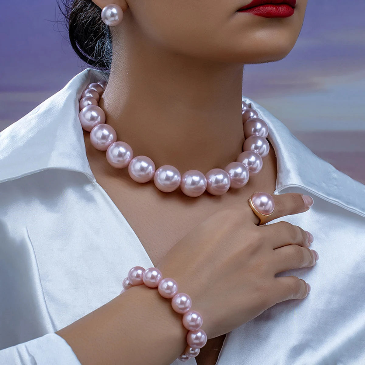 Pearl Jewellery Set - Necklace, Earrings, Bracelet & Ring (5-Piece)