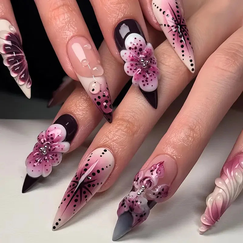 Nude Flower Rhinestone Stiletto Press-On Nails - Almond