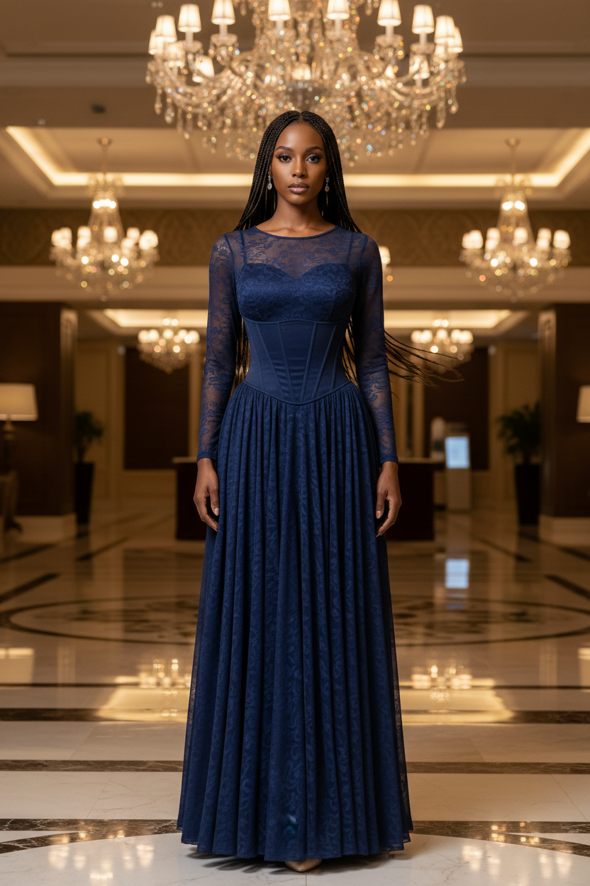 Deep blue mesh corseted maxi regenerated