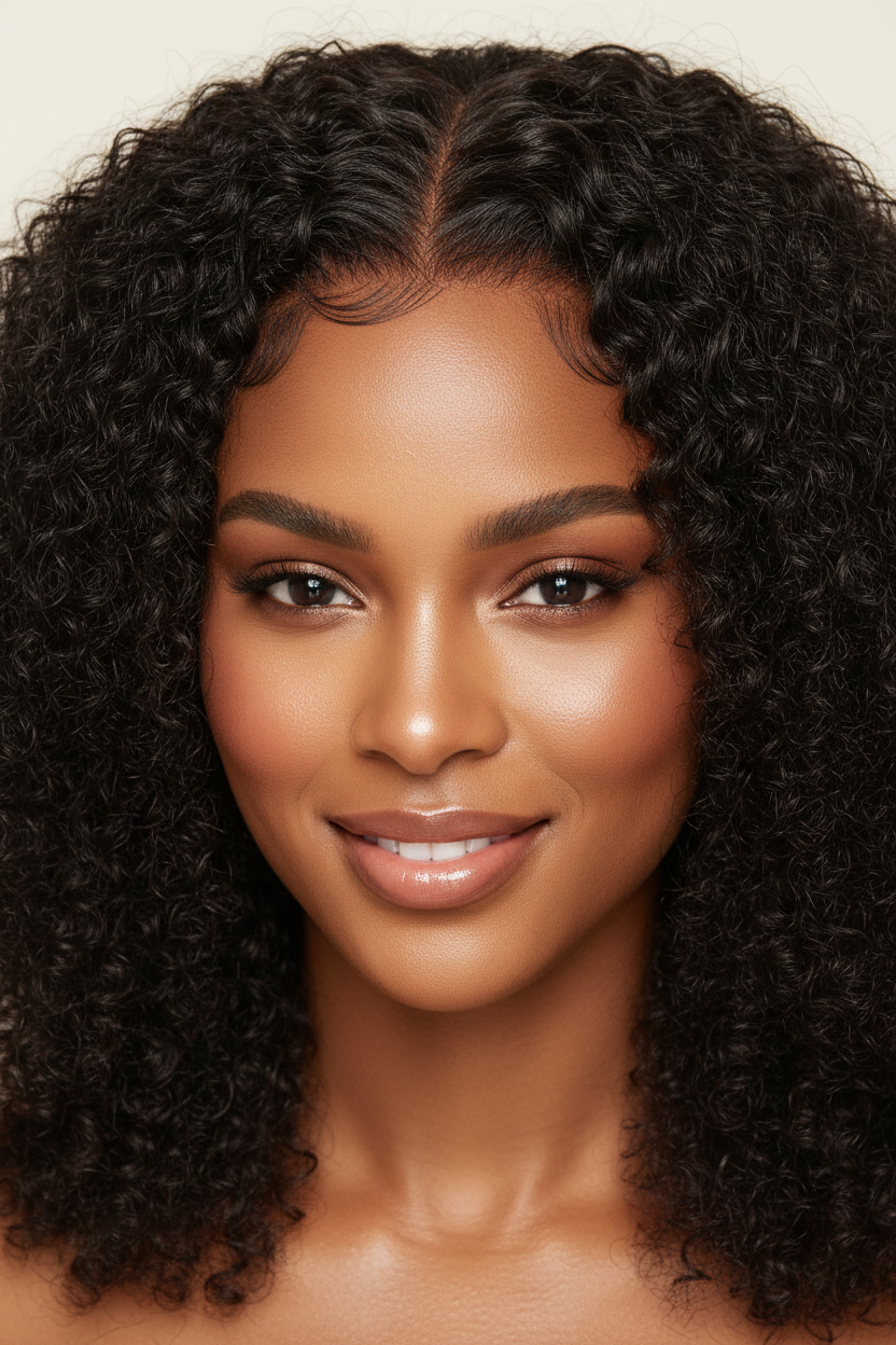 Model with caramel skin tone wearing 360 HD Full Lace Curly Wig - Close-up showing HD lace hairline