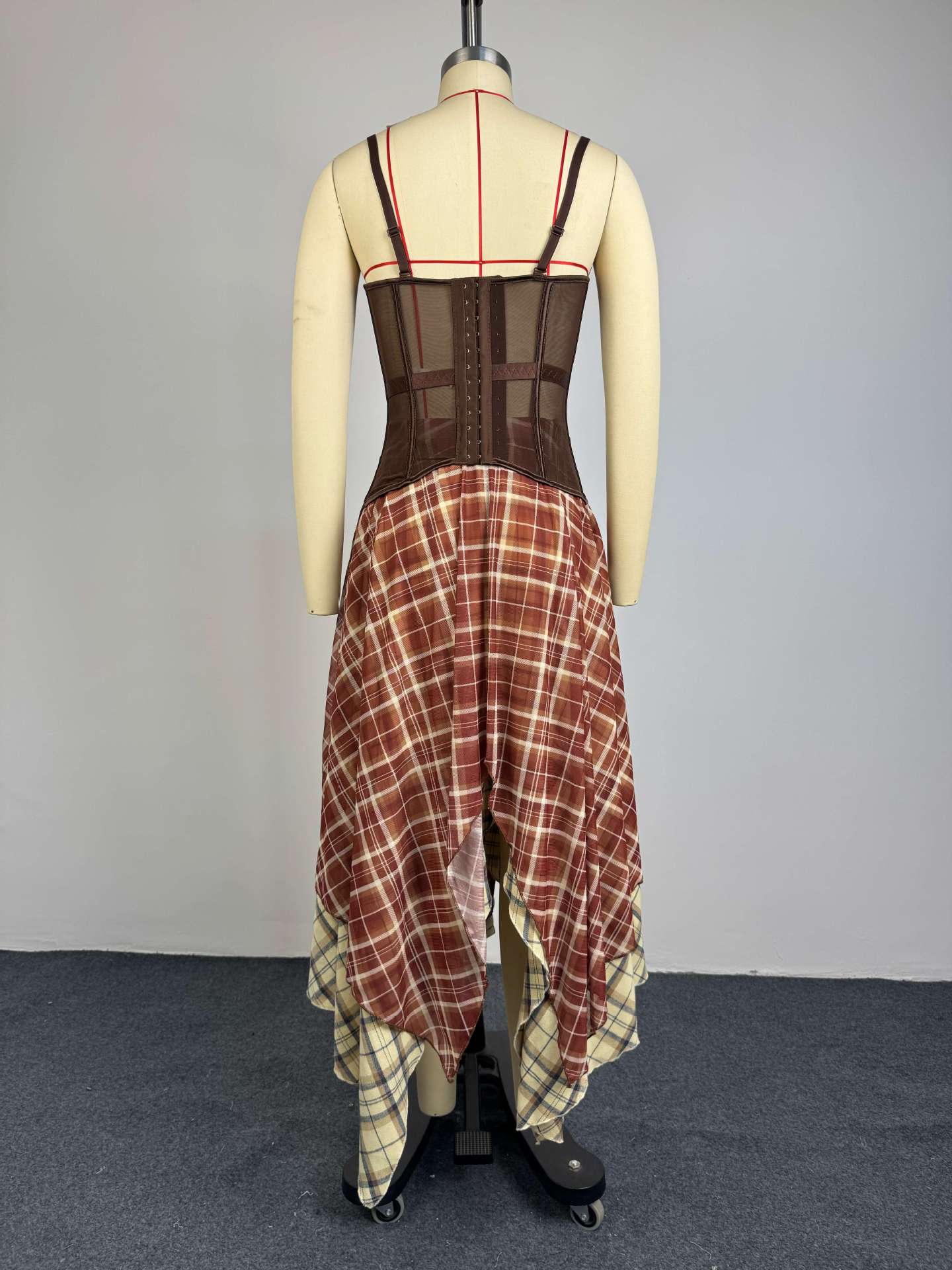 Brown Corset & Plaid Handkerchief Skirt Set