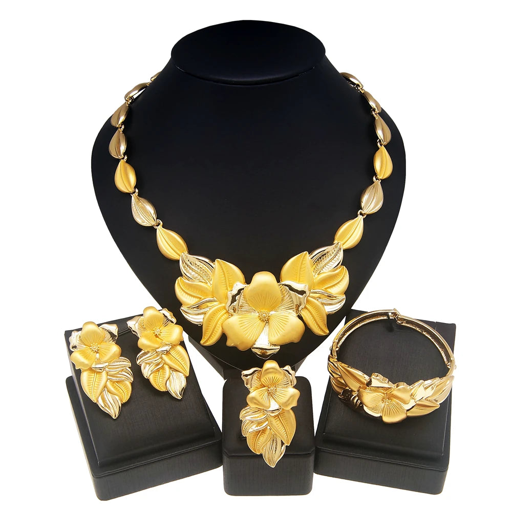 Luxe Gold Plated Statement Jewellery Set - Necklace, Earrings, Bracelet & Ring