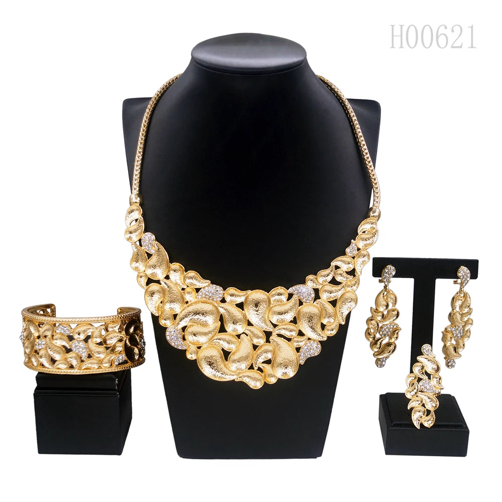 Luxe Gold Plated Statement Jewellery Set - Necklace, Earrings, Bracelet & Ring