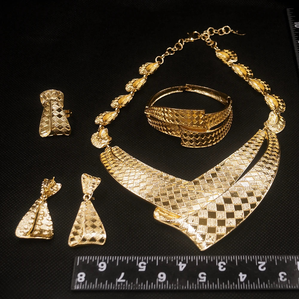 Luxe Gold Plated Statement Jewellery Set - Necklace, Earrings, Bracelet & Ring