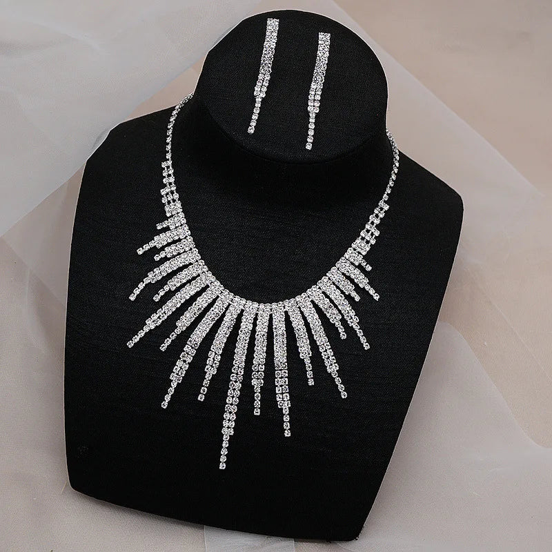 Geometric Rhinestone Tassel Necklace & Earrings Set