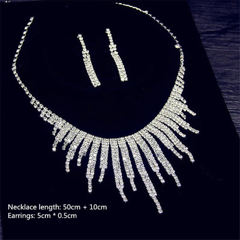 Geometric Rhinestone Tassel Necklace & Earrings Set