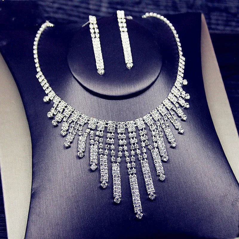 Geometric Rhinestone Tassel Necklace & Earrings Set