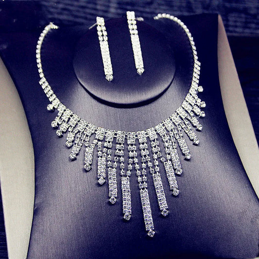 Geometric Rhinestone Tassel Necklace & Earrings Set