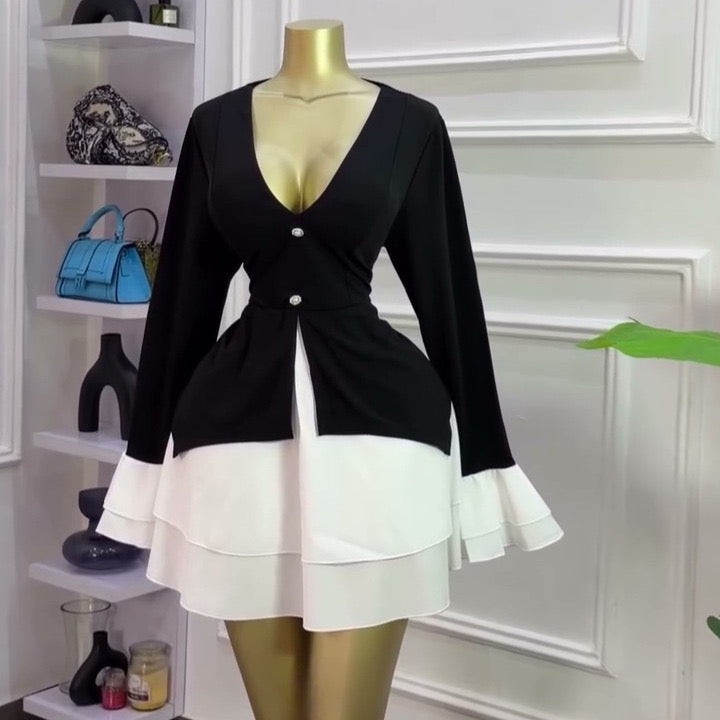 V-Neck Colour Block Ruffle Hem Mini Dress - Side angle view
