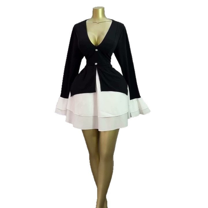 V-Neck Colour Block Ruffle Hem Mini Dress - Clean white background