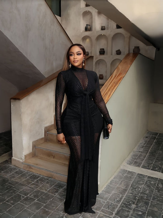 Sheer Lace High-Neck Long Sleeve Maxi Dress - tied waist pose