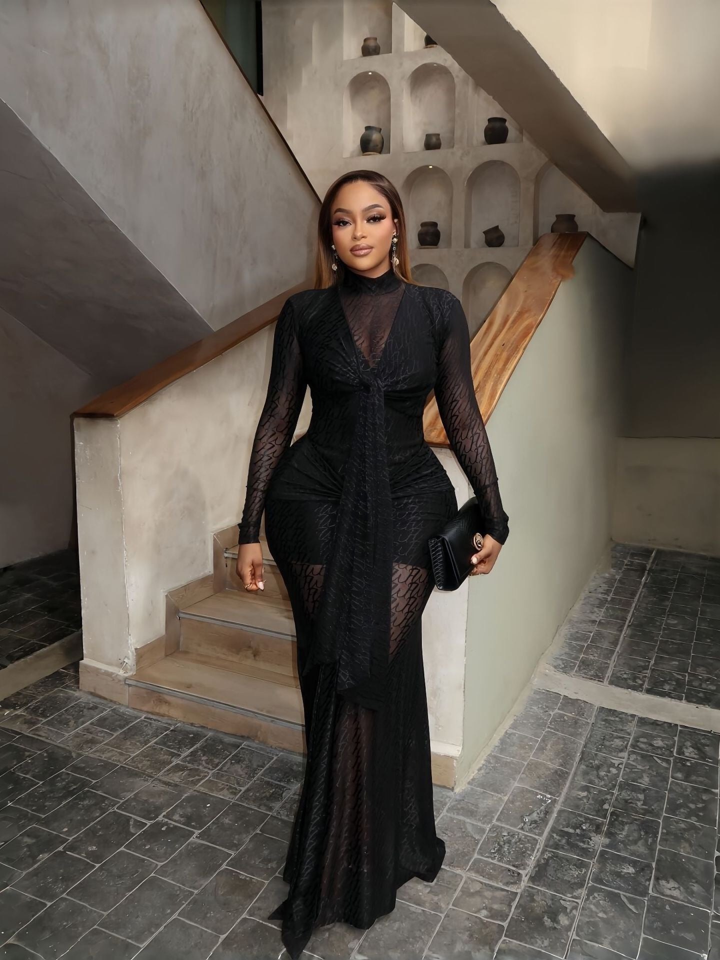 Sheer Lace High-Neck Long Sleeve Maxi Dress - side curve pose