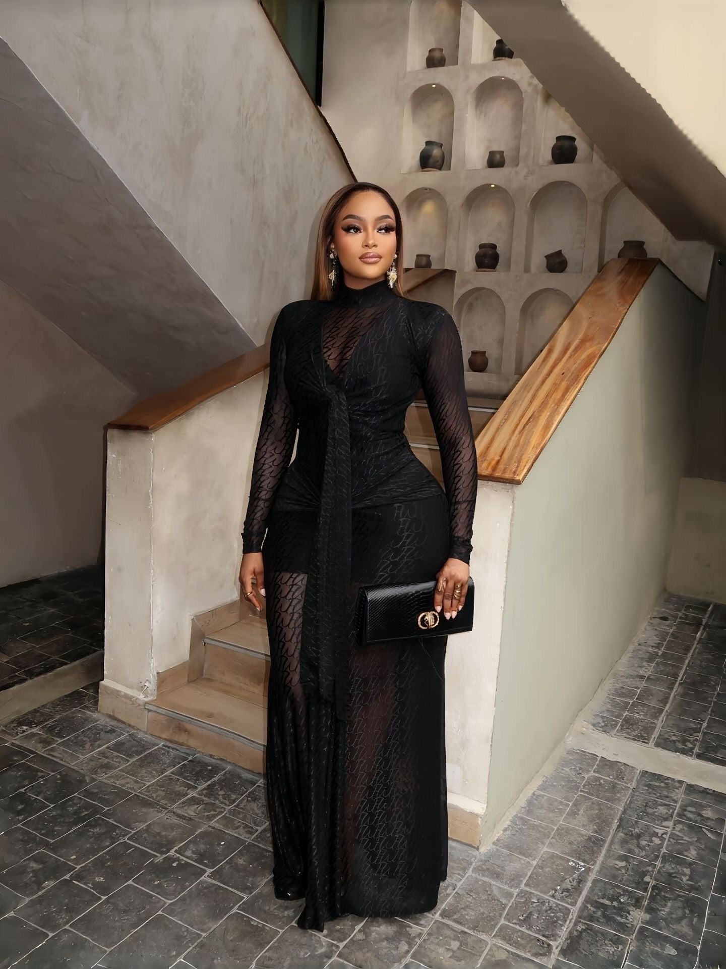 Sheer Lace High-Neck Long Sleeve Maxi Dress - full length standing