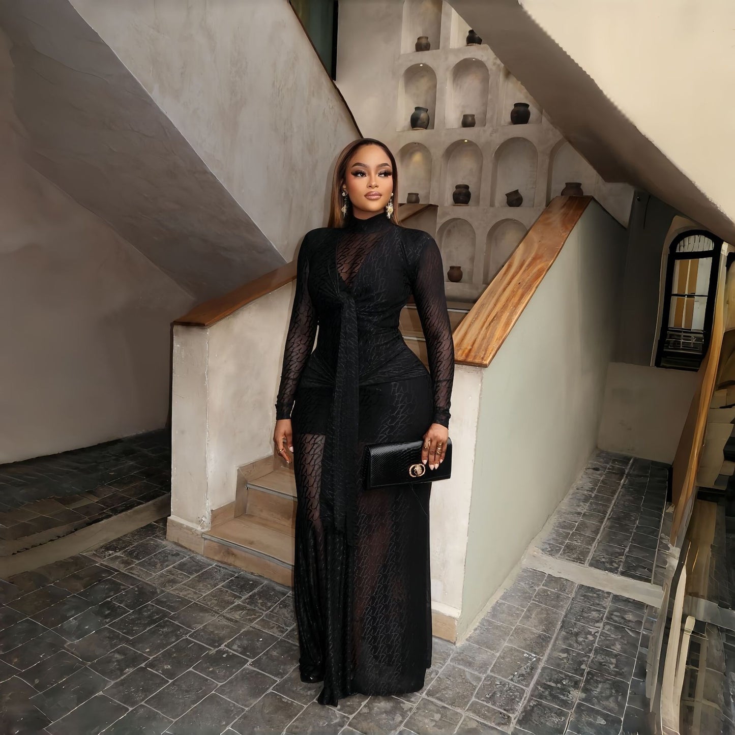 Sheer Lace High-Neck Long Sleeve Maxi Dress - wide angle full look