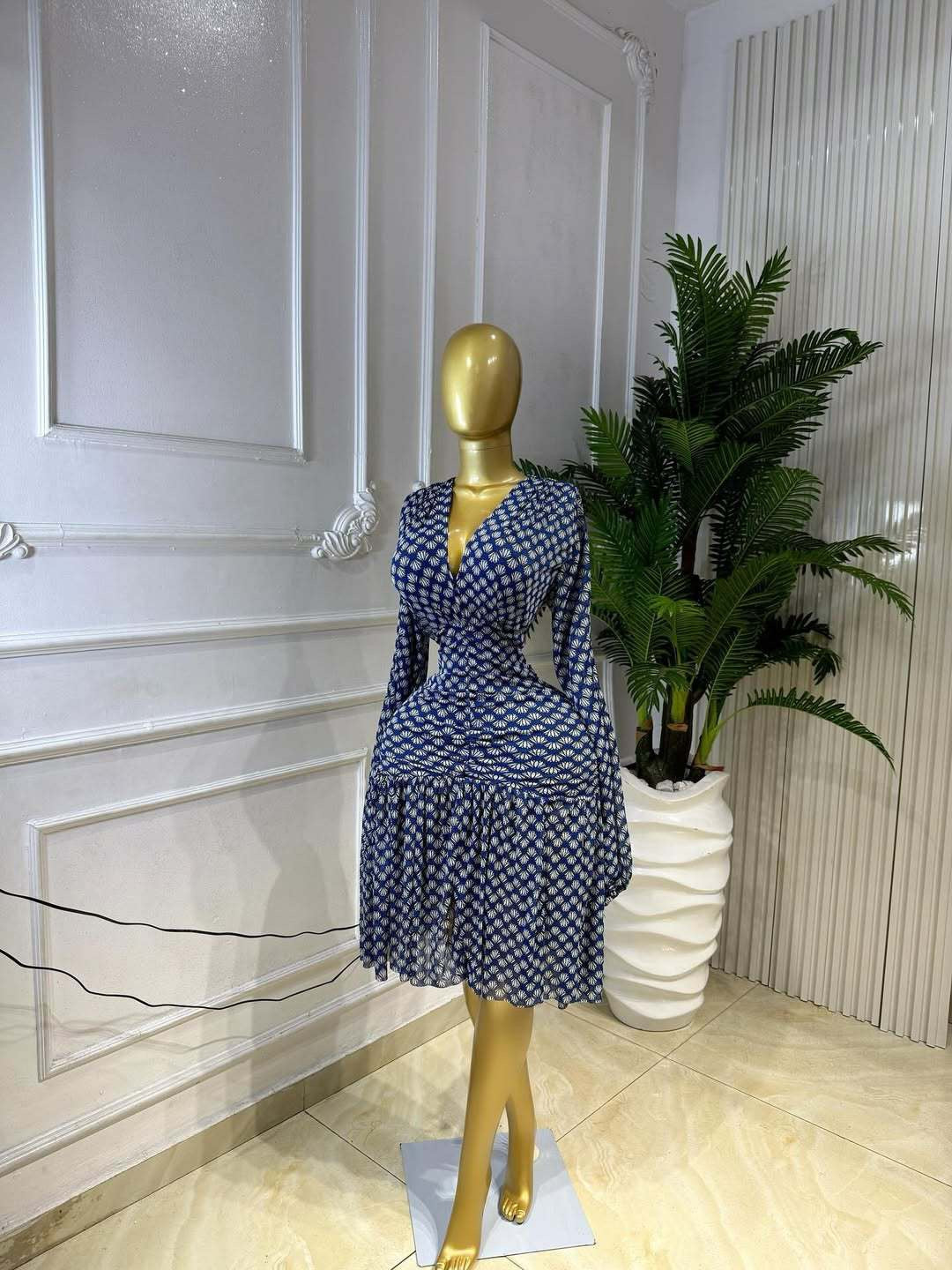 V-Neck Wrap Floral Mini Dress - Navy Blue mannequin front