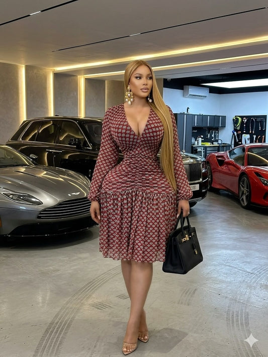 V-Neck Wrap Floral Mini Dress - Burgundy model in luxury garage