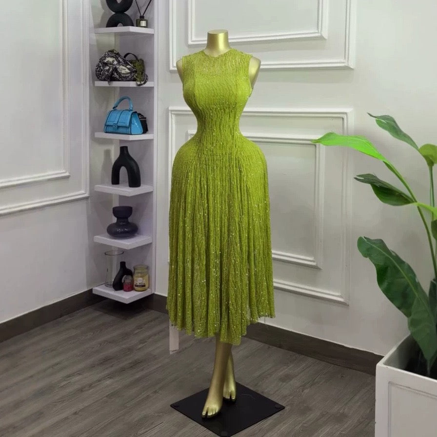 Sequin Fringe Midi Dress - Olive Green second angle
