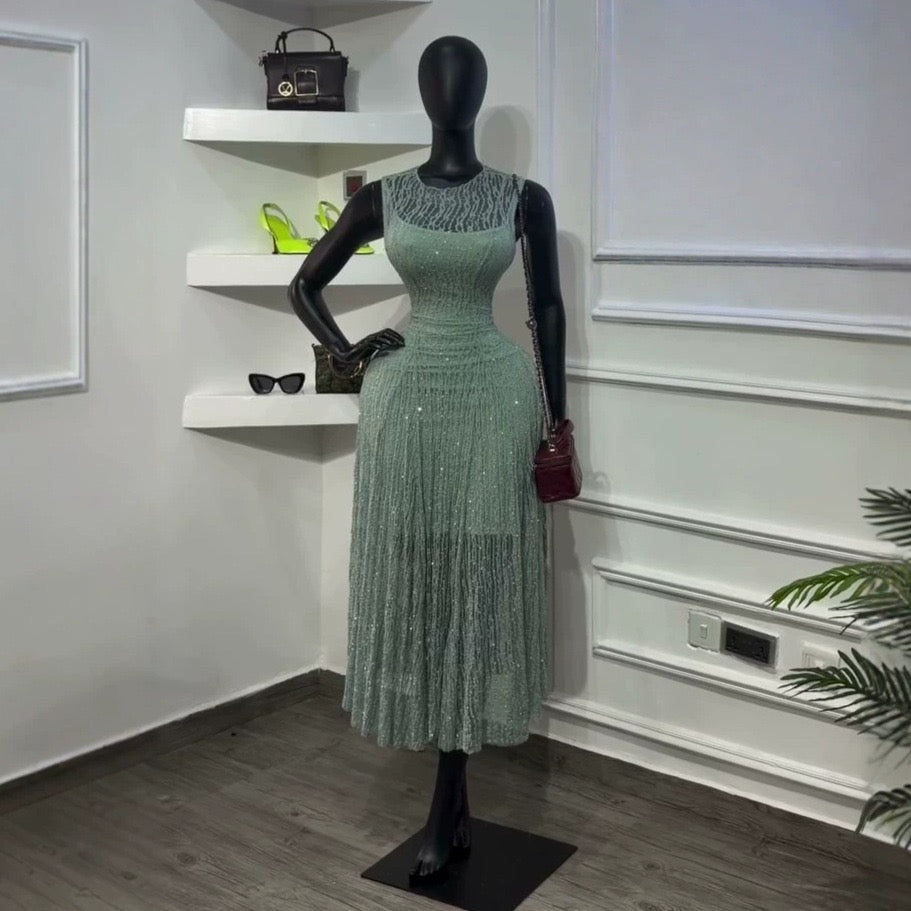 Sequin Fringe Midi Dress - Sage/Mint third angle