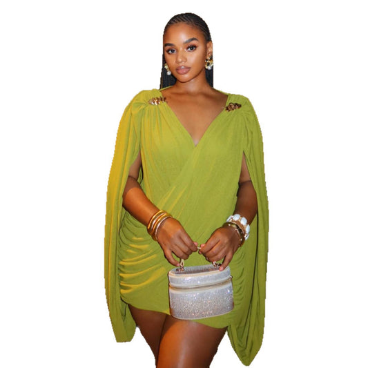 V-Neck Cape Sleeve Ruched Mini Dress - editorial pose