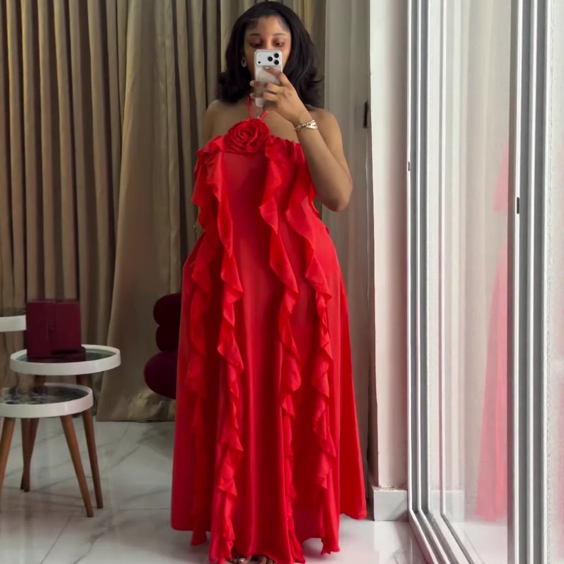 Rose Detail Halter Ruffle Cascade Maxi Dress - full length mirror shot