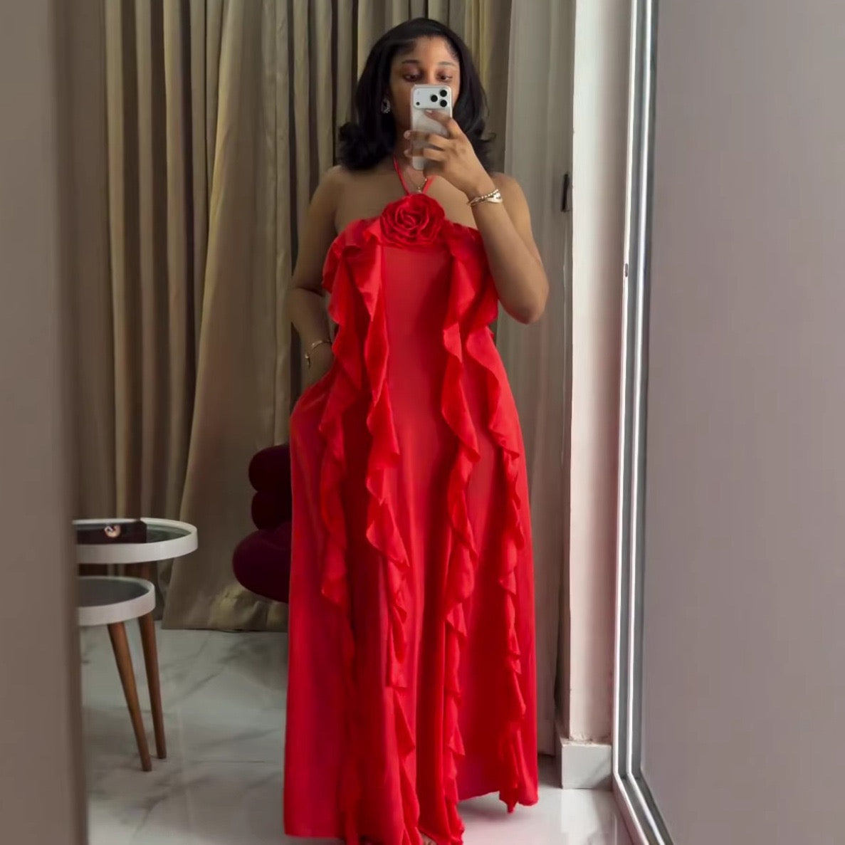 Rose Detail Halter Ruffle Cascade Maxi Dress - front pose mirror