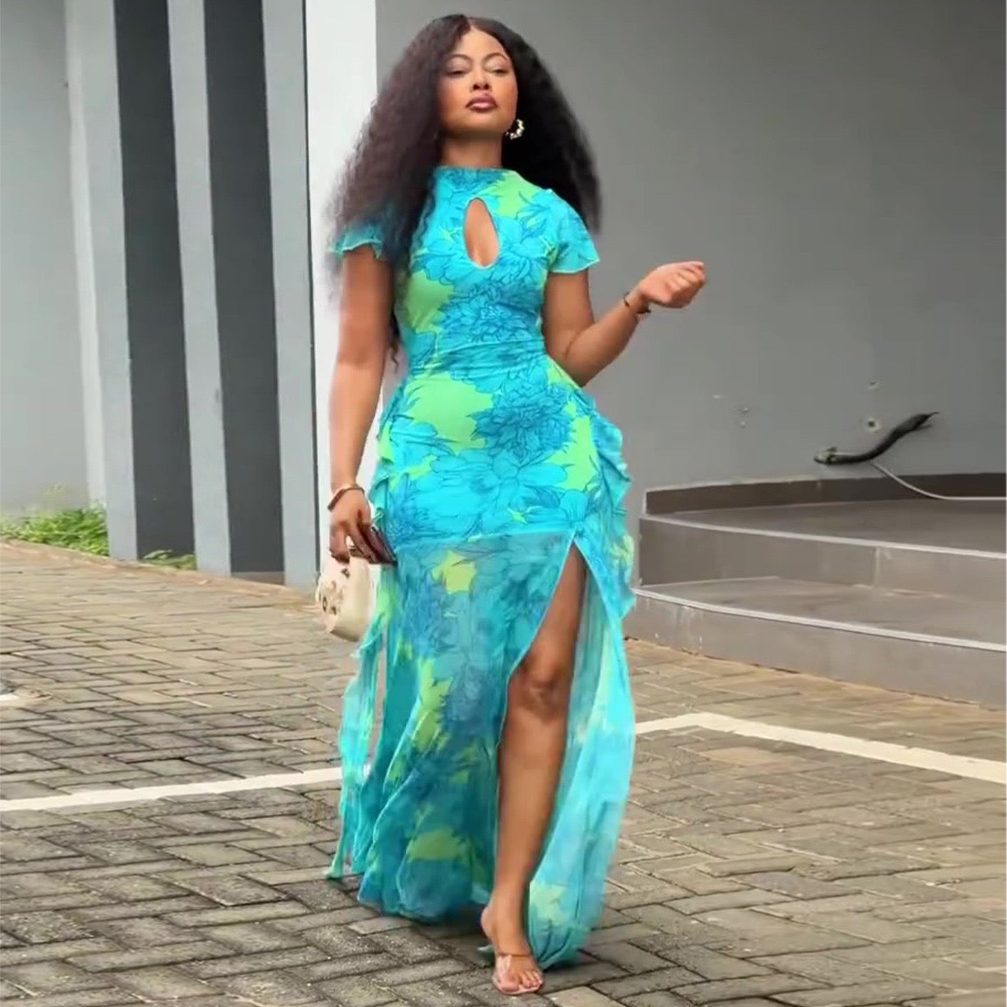 Floral Keyhole Ruffle Split Maxi Dress - side walking pose