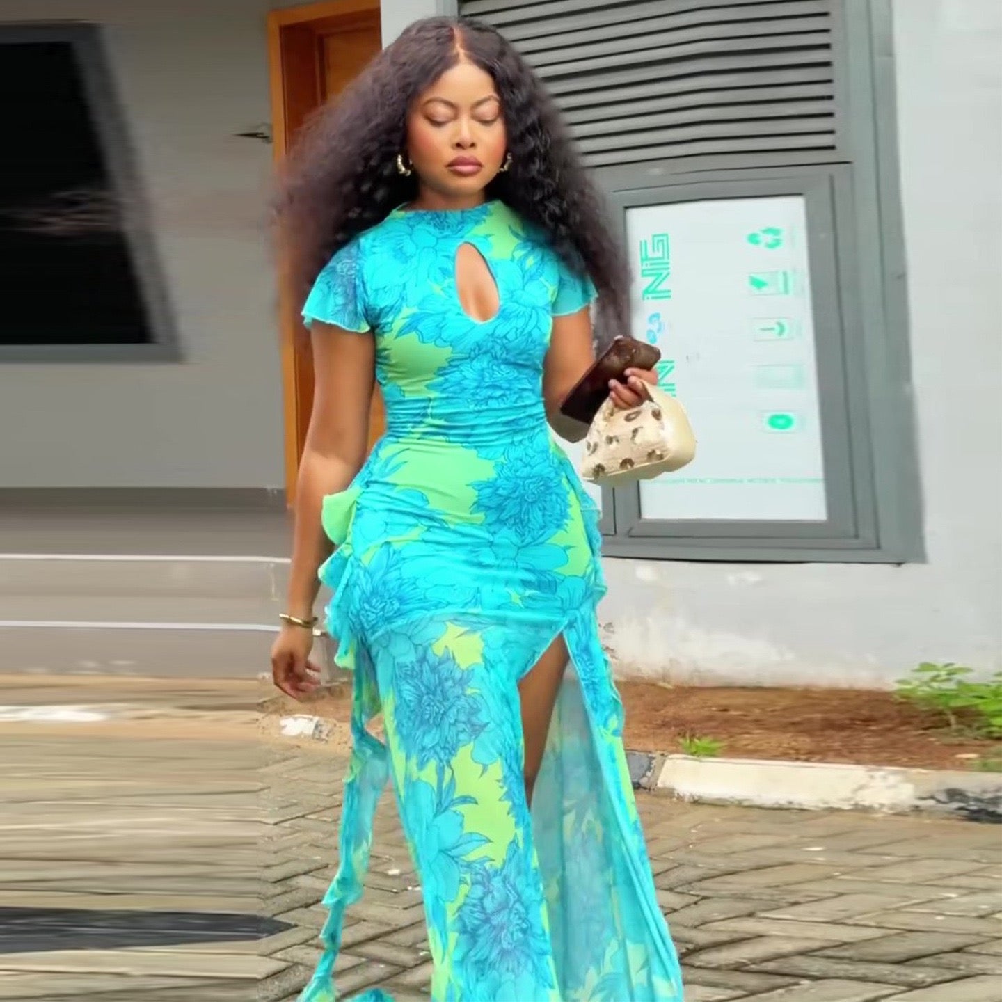 Floral Keyhole Ruffle Split Maxi Dress - editorial walking shot