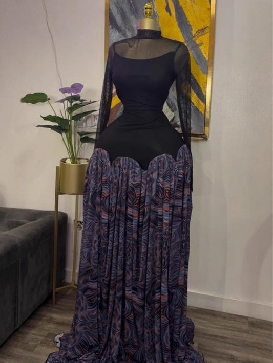 Tie Dye Patchwork Slash Neck A-Line Maxi Dress