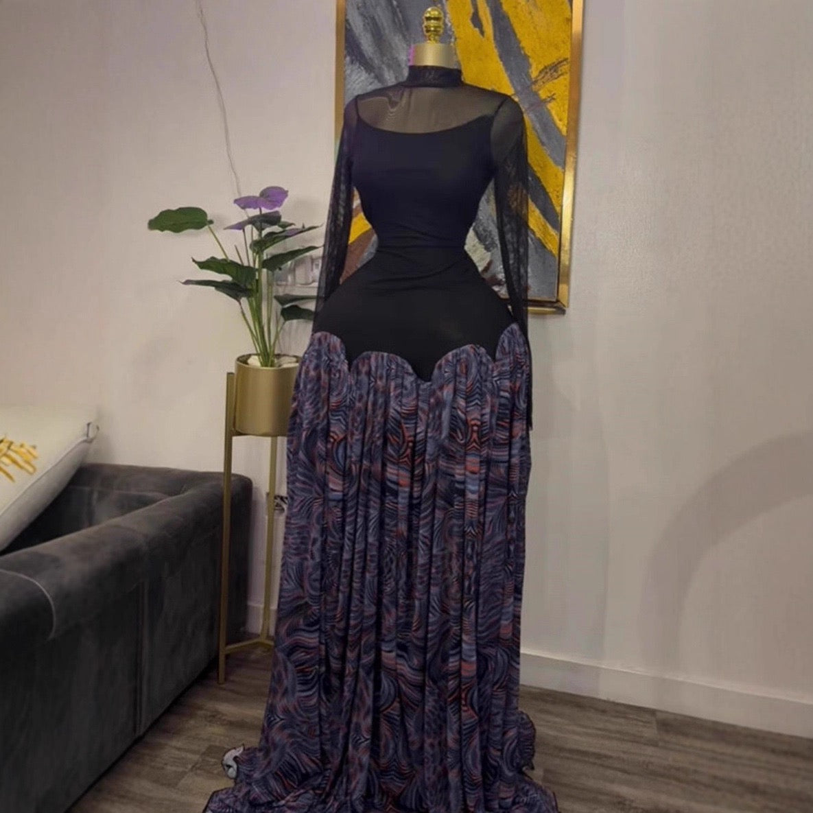 Tie Dye Patchwork Slash Neck A-Line Maxi Dress