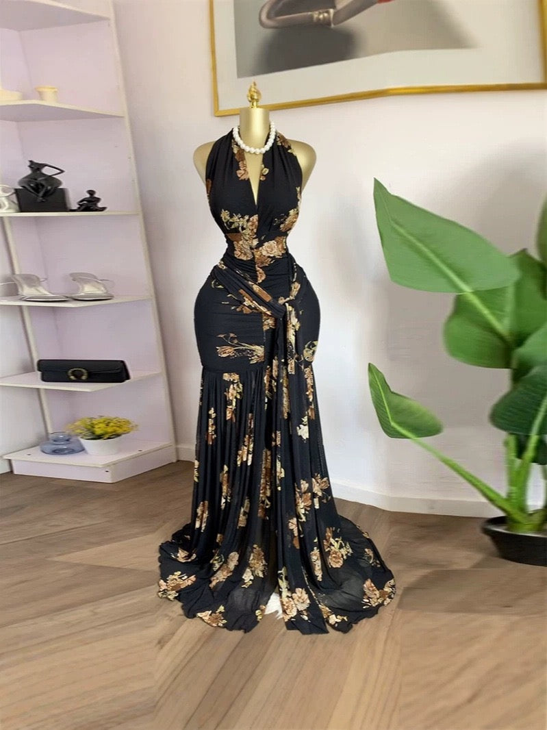 Floral Halter V-Neck Backless Ruched Ruffle Maxi Dress