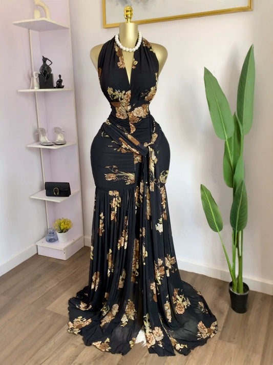 Floral Halter V-Neck Backless Ruched Ruffle Maxi Dress
