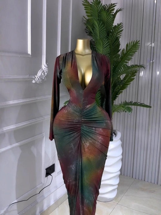 Printed V-Neck Ruched Bodycon Maxi Dress