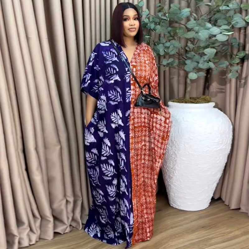 Leaf print colour block kaftan maxi dress - front view