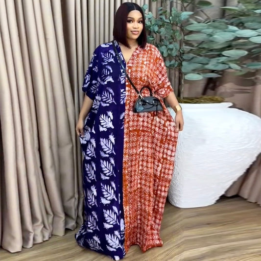 Leaf print colour block kaftan maxi dress - editorial