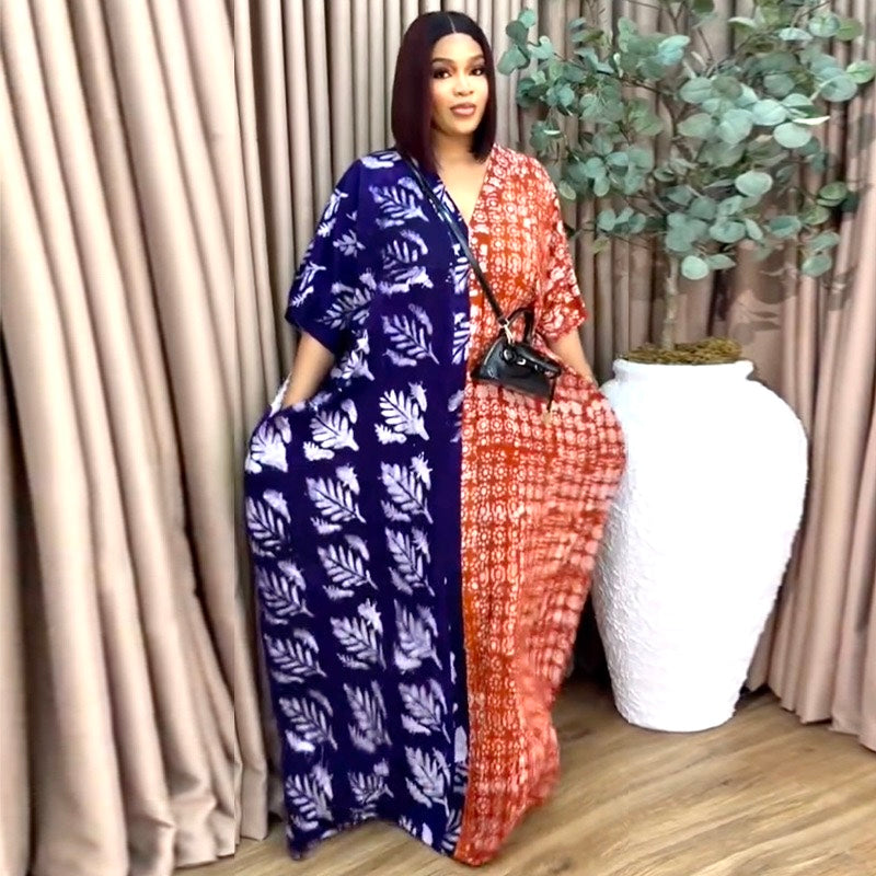Leaf print colour block kaftan maxi dress - white background