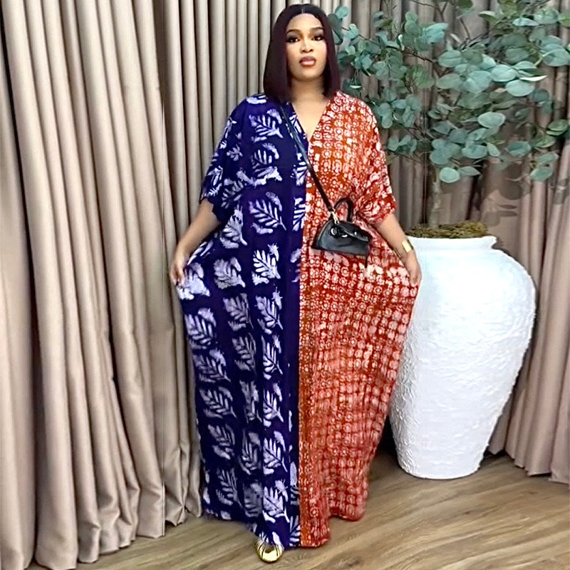 Leaf print colour block kaftan maxi dress - full length