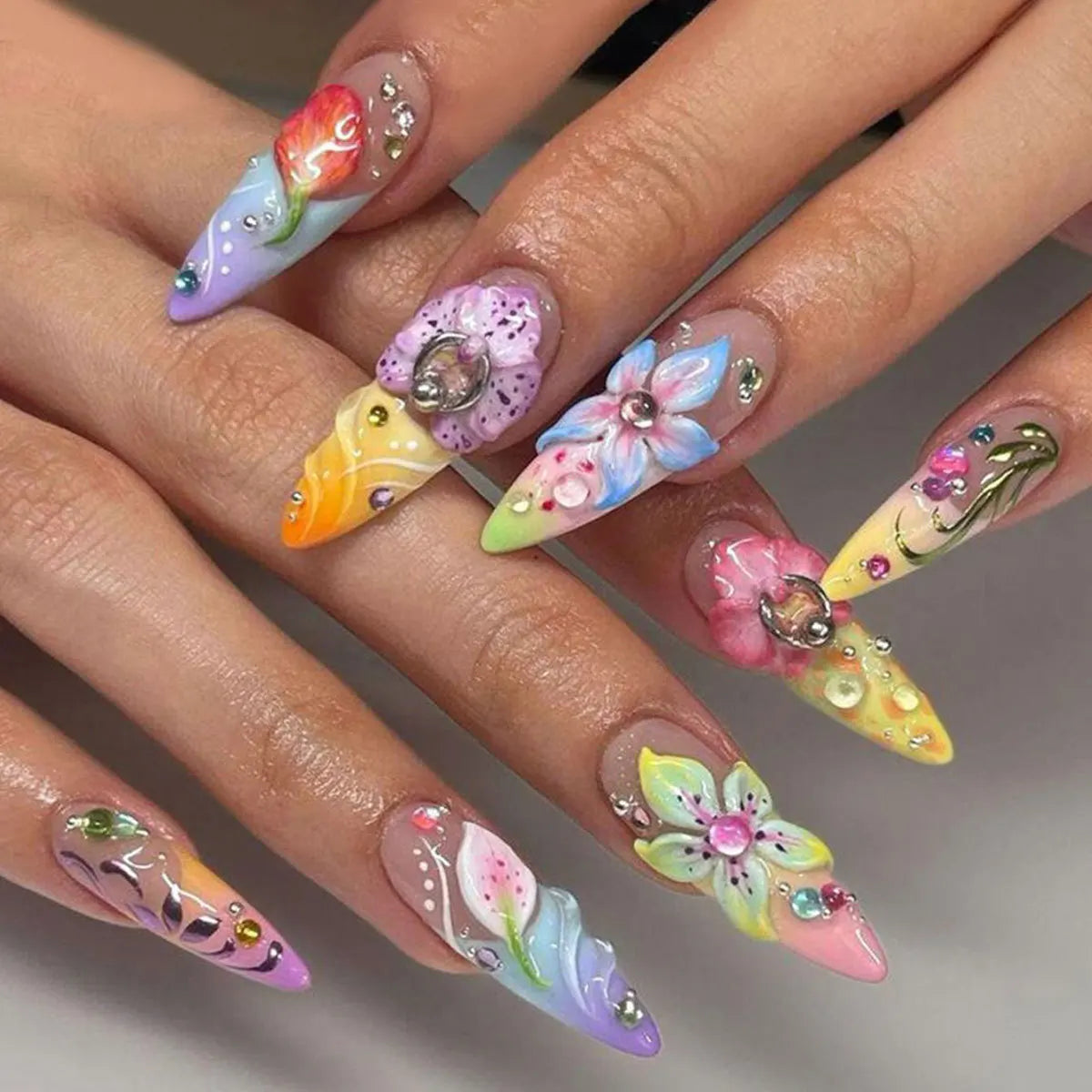 Nude Flower Rhinestone Stiletto Press-On Nails - Almond