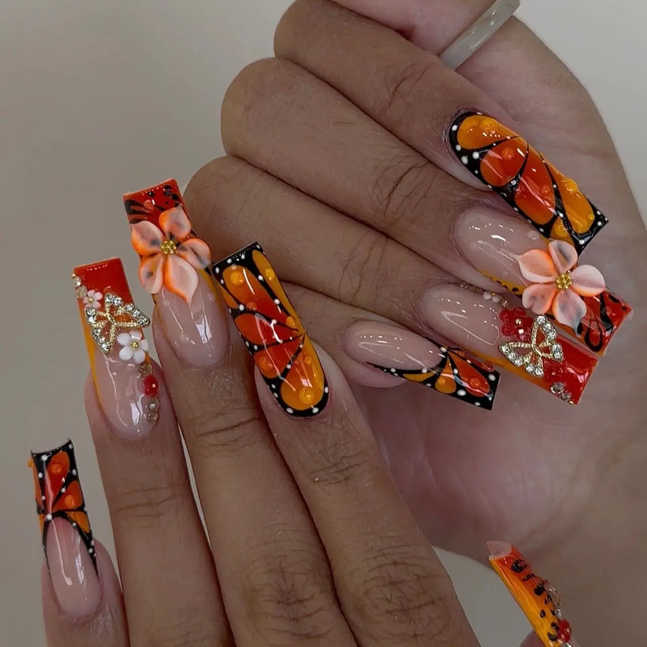 Pink Butterfly Glitter Press-On Nails - French Ballet