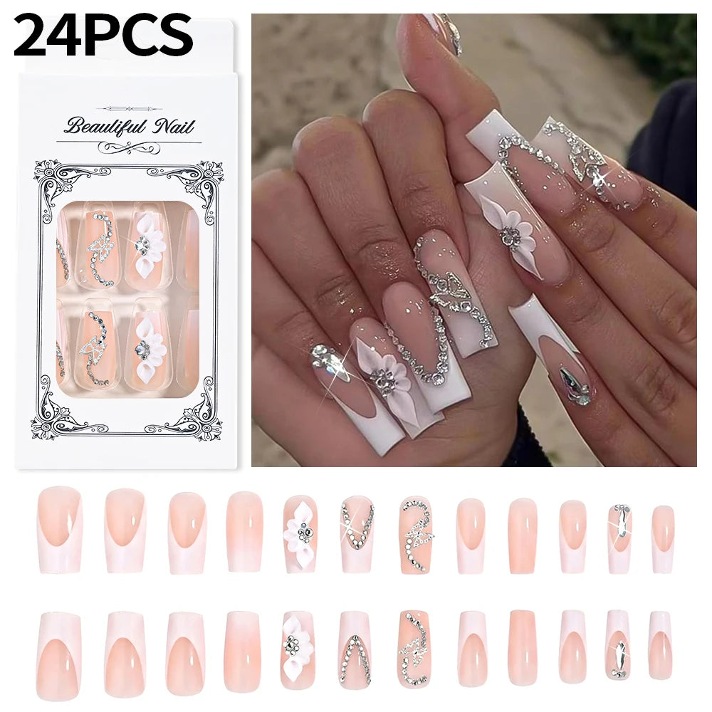 Butterfly Flower Rhinestone Press-On Nails - Coffin French