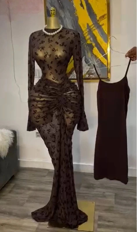 Mesh Bodycon Flare Sleeve Maxi Dress