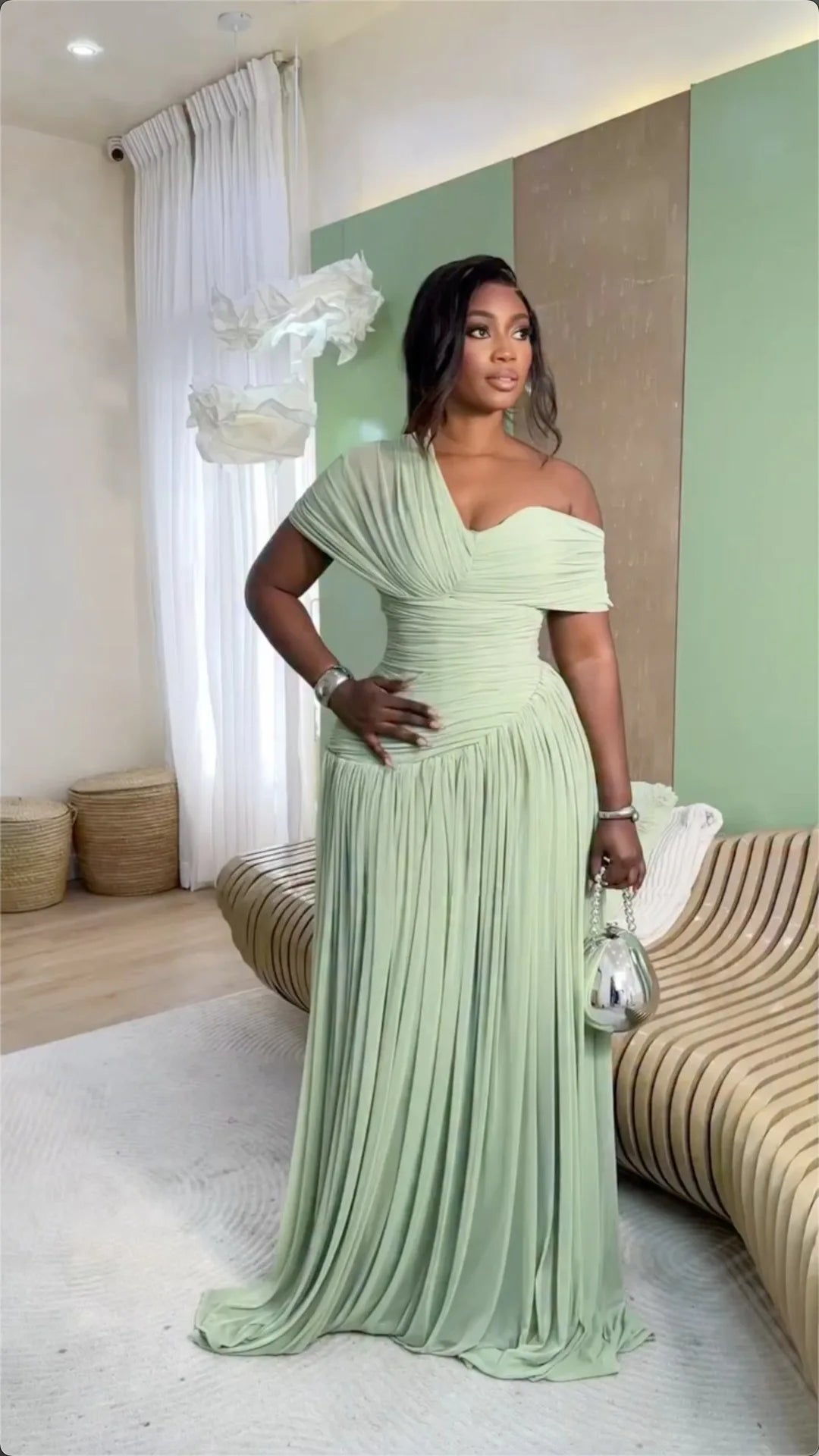 Sage Green One-Shoulder Ruched A-Line Maxi Dress