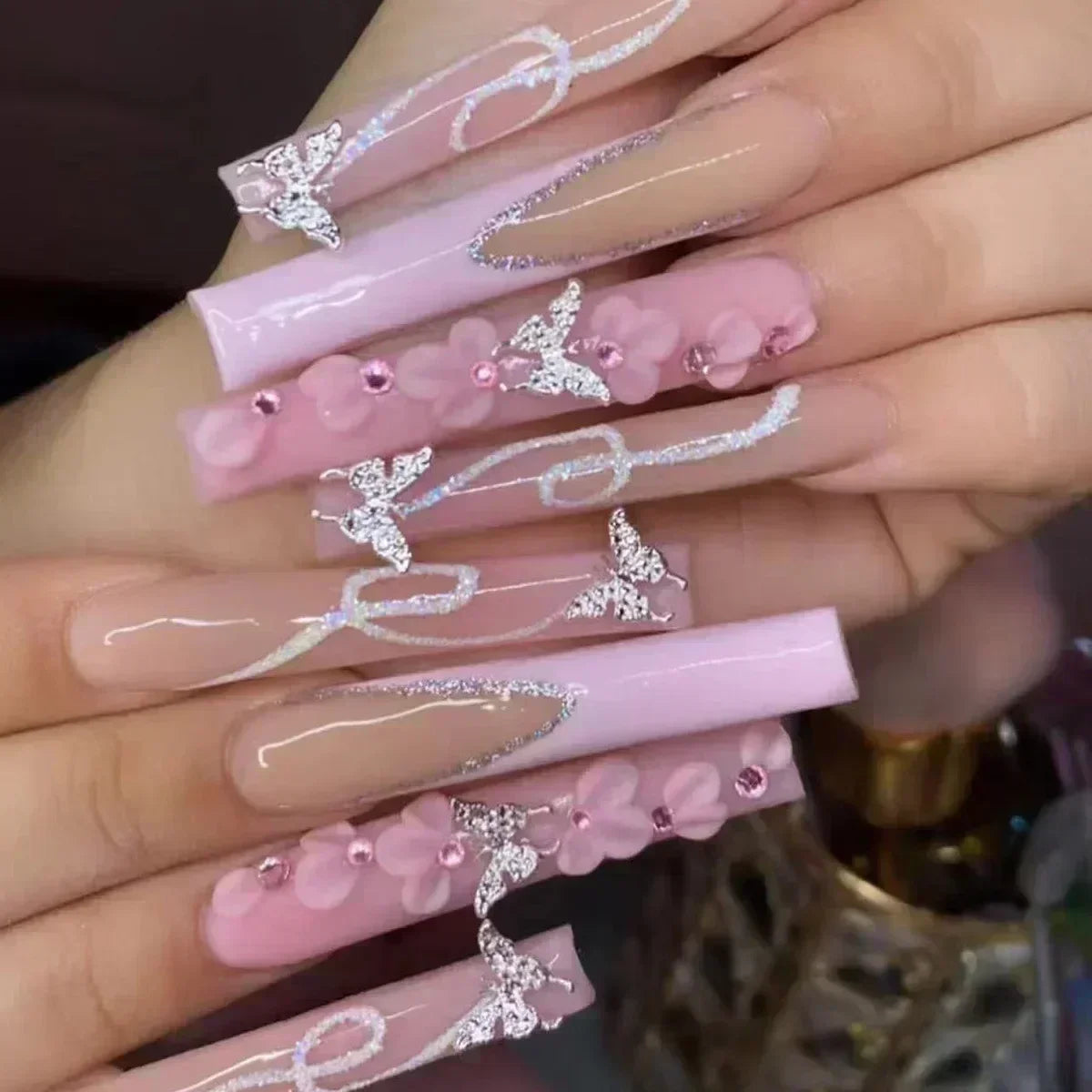 Pink Butterfly Glitter Press-On Nails - French Ballet