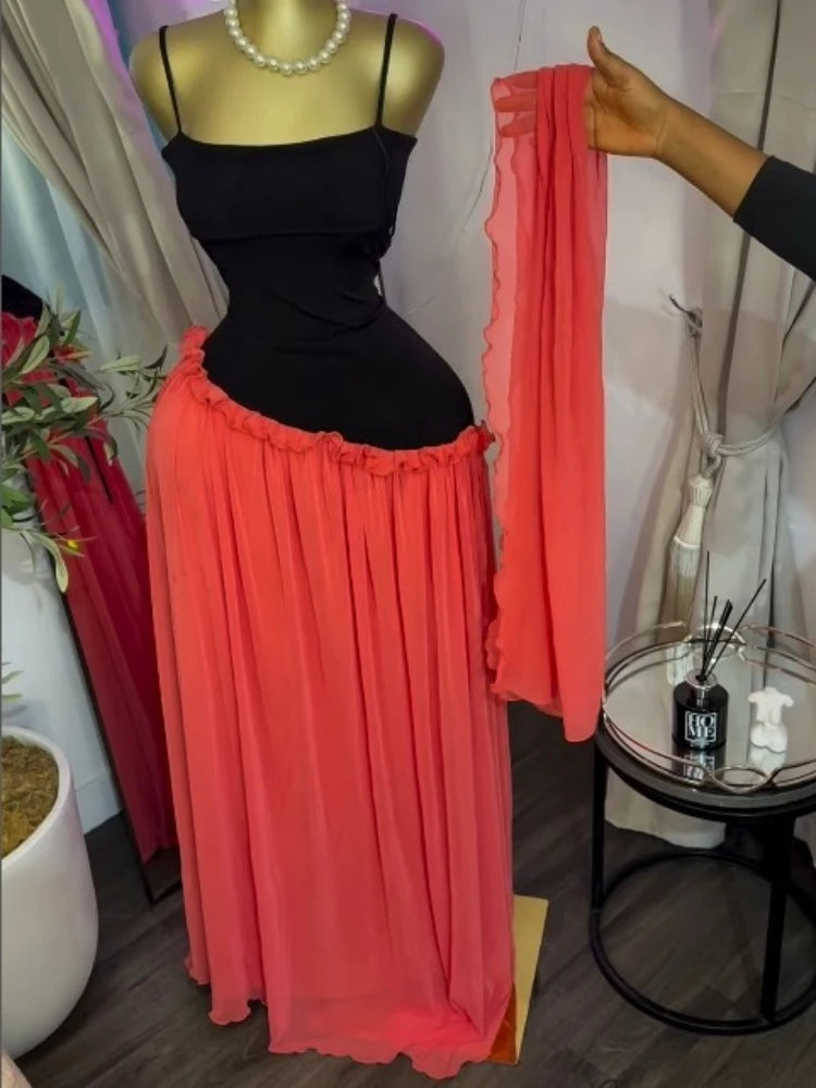 Patchwork Ruffle Strap A-Line Maxi Dress with Scarf