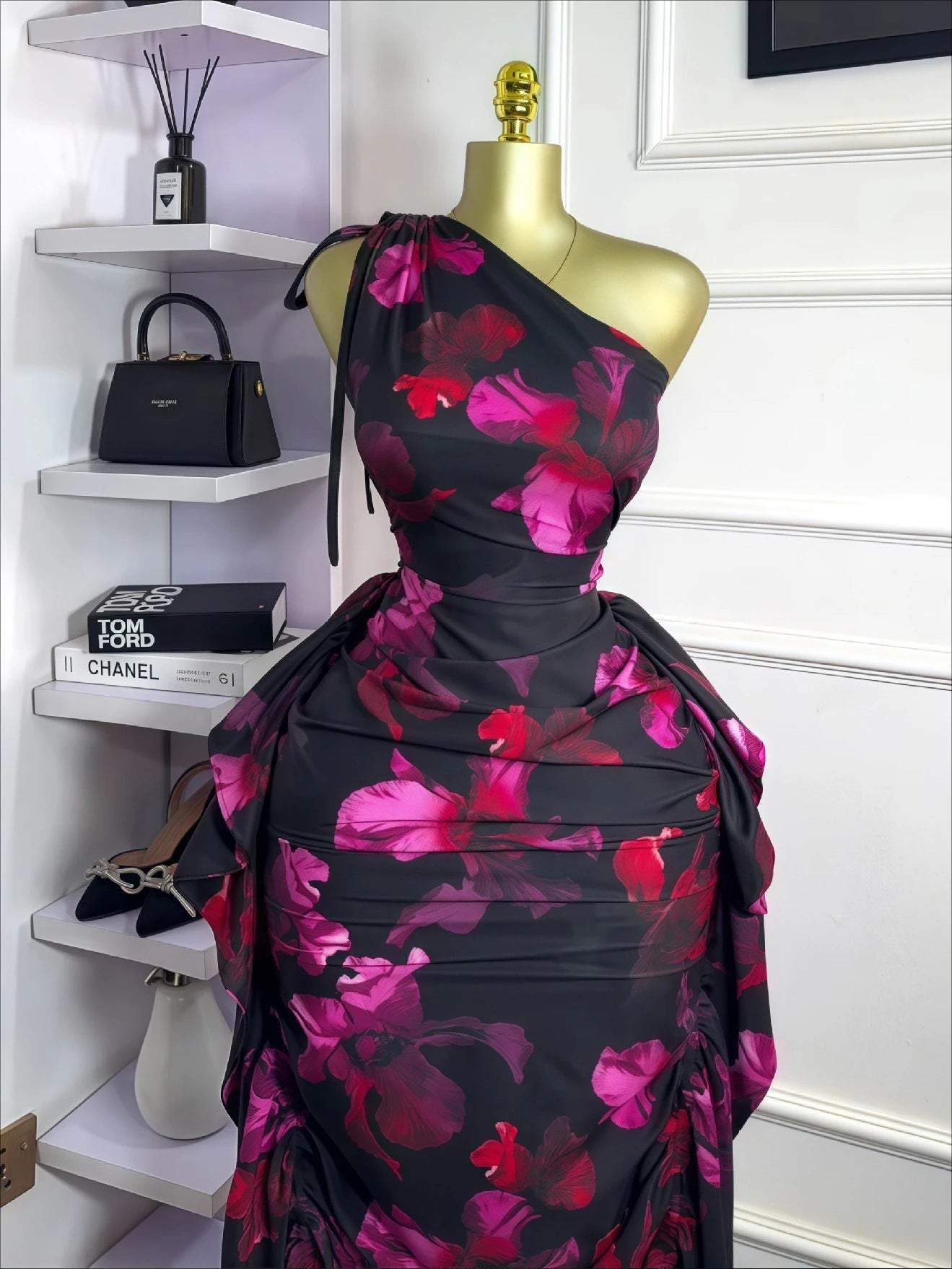 Floral One-Shoulder Ruched Maxi Dress