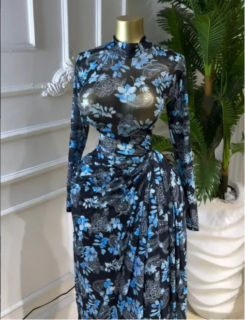Floral Mesh Draped Wrap Maxi Dress