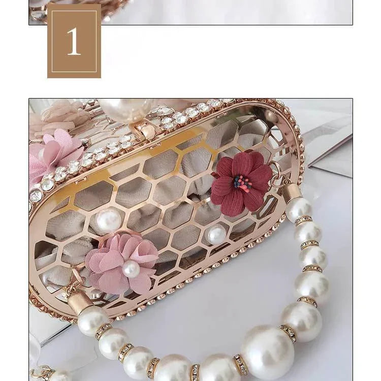 Luxe Pearl & Diamond Metallic Evening Bag