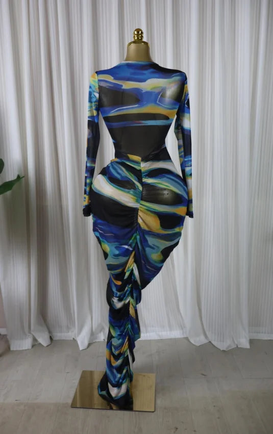 Tie Dye Ruched Bodycon Maxi Dress – Long Sleeve Floor-Length Vacation Dress