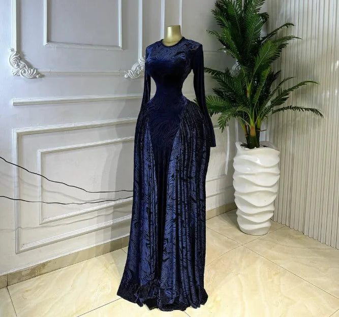 Velvet & Mesh Corseted Pleated A-Line Maxi Dress