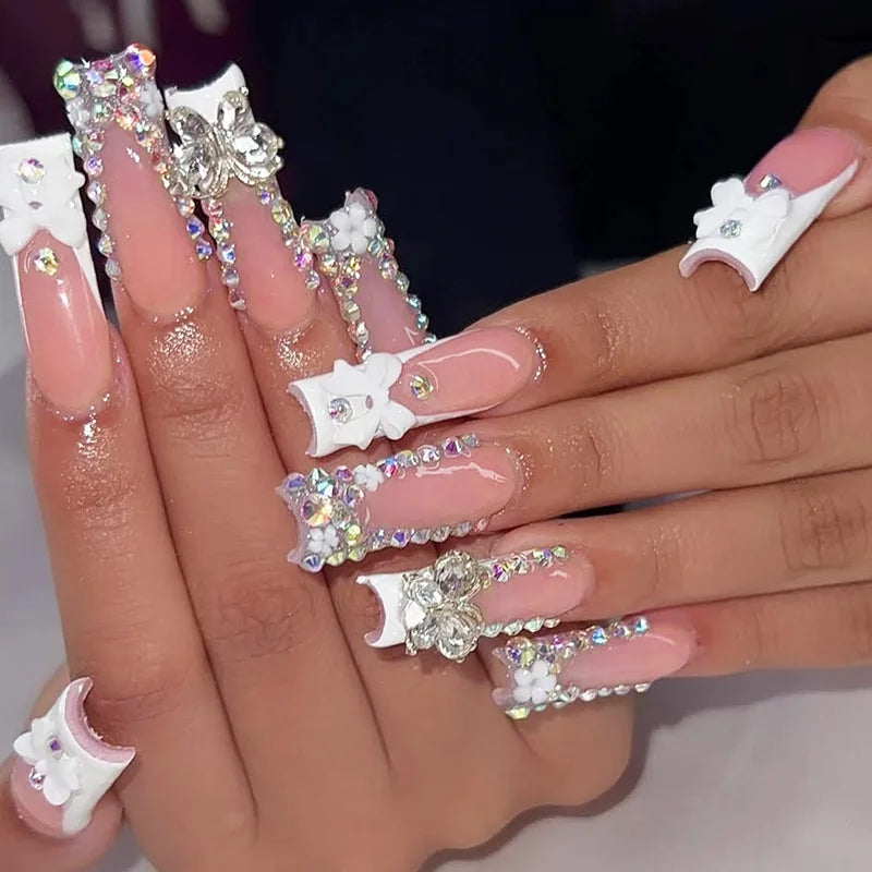 Diamond & Gold Butterfly Press-On Nails – 24pcs Long Elegant Acrylic